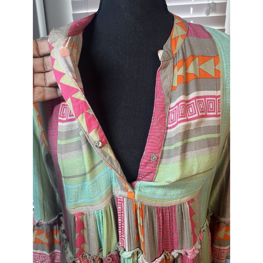 Elan Boho Tiered Babydoll Dress S Bell Sleeve Geo Print Multicolor Festival - Picture 6 of 15